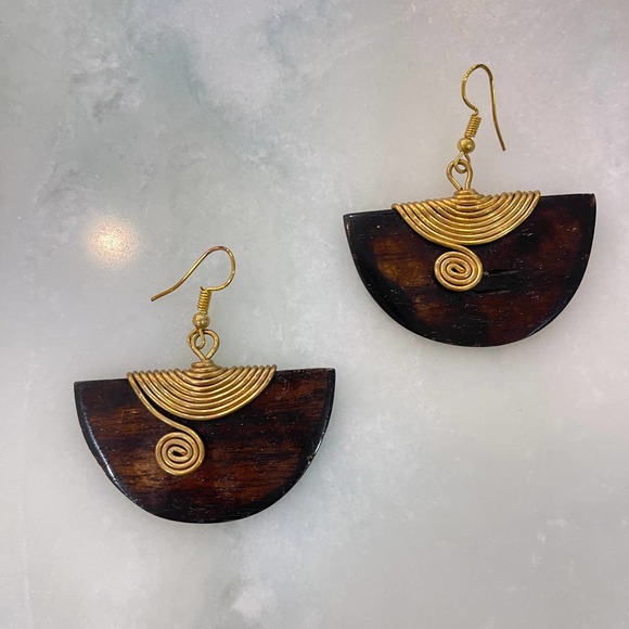 Wooden Golden Disc Half Circle Semi Circle Spiral Geometric Earrings Dangle Wood - Picture 1 of 6